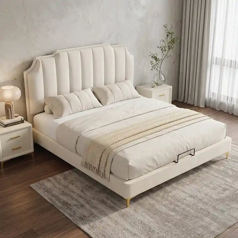 Channel tufted bed and cot master bedroom bed design off white fabric bed