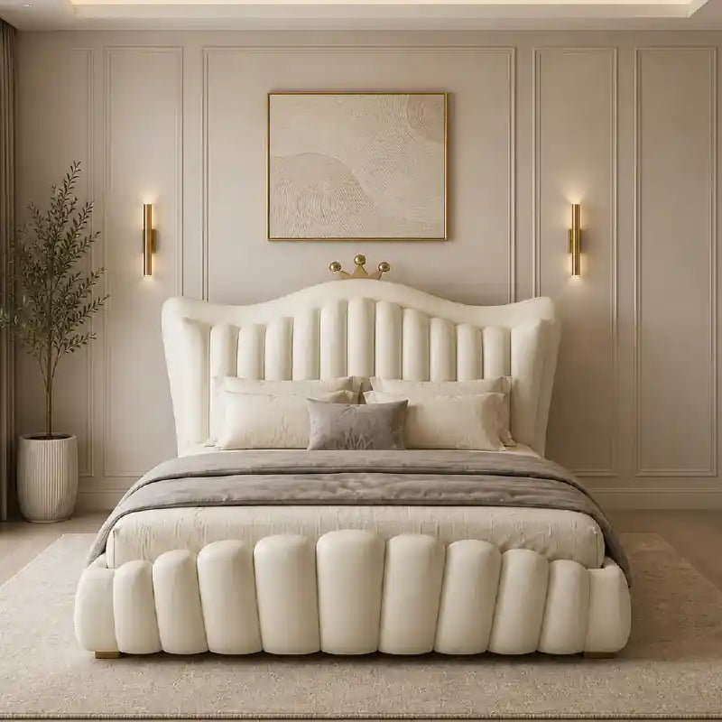 Upholstered master bedroom bed design new bed design with curved headboard cream finish
