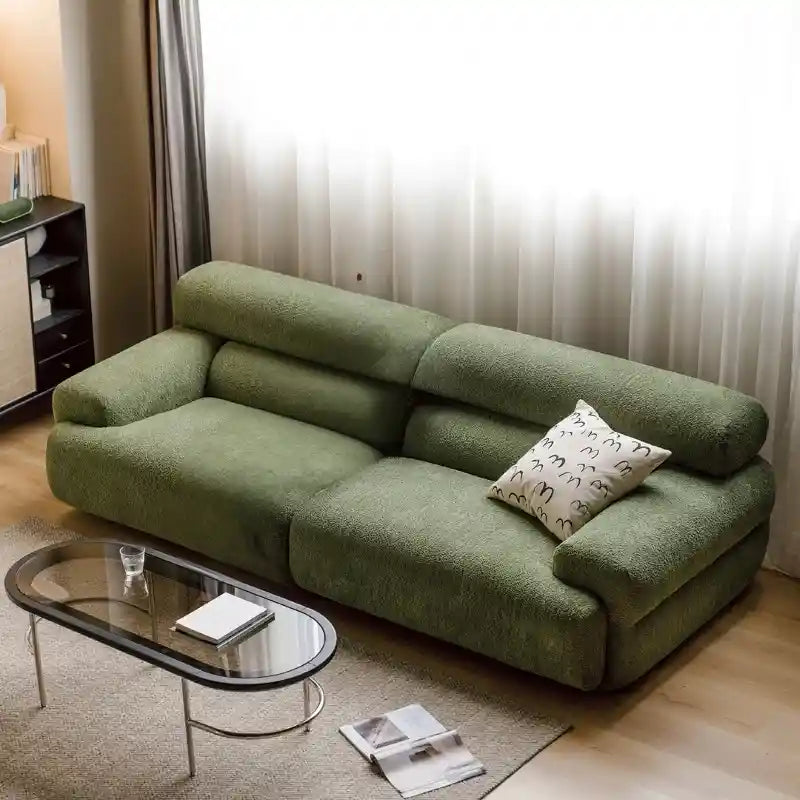 Rounded pillow arm moss sofa front photo – stylish sofa design, cloth sofa, 3 seater couch