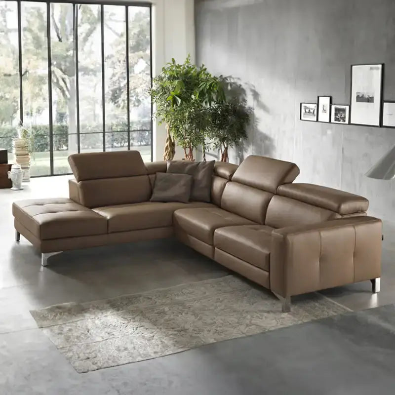 Chaise lounge sectional, 4 seater couch modern sofa design, tan leather-look corner sofa