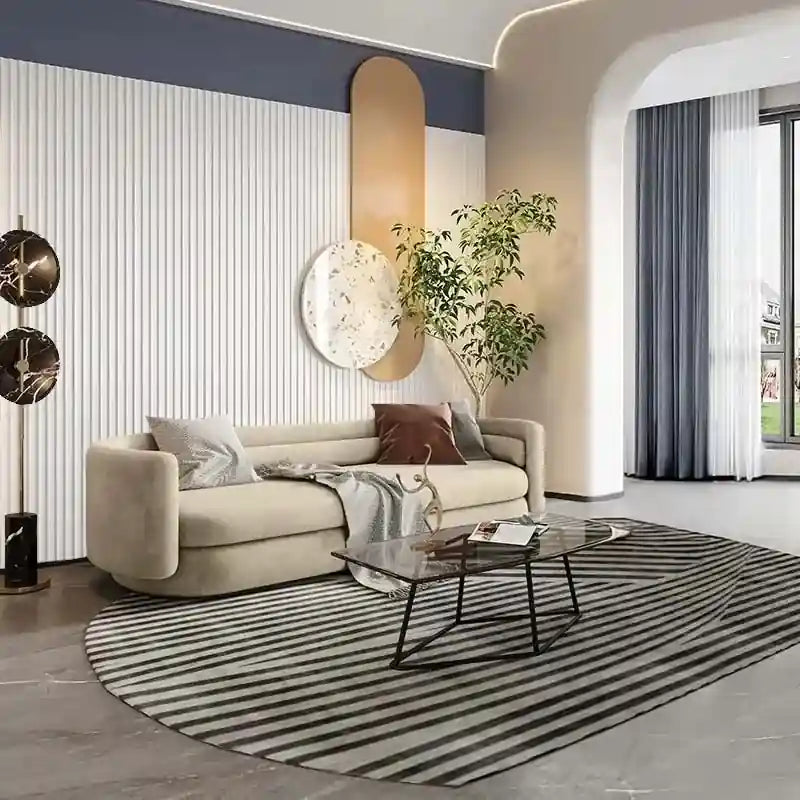 Rounded 3 seater chair in beige, fabric sofa, modern sofa design, seamless form