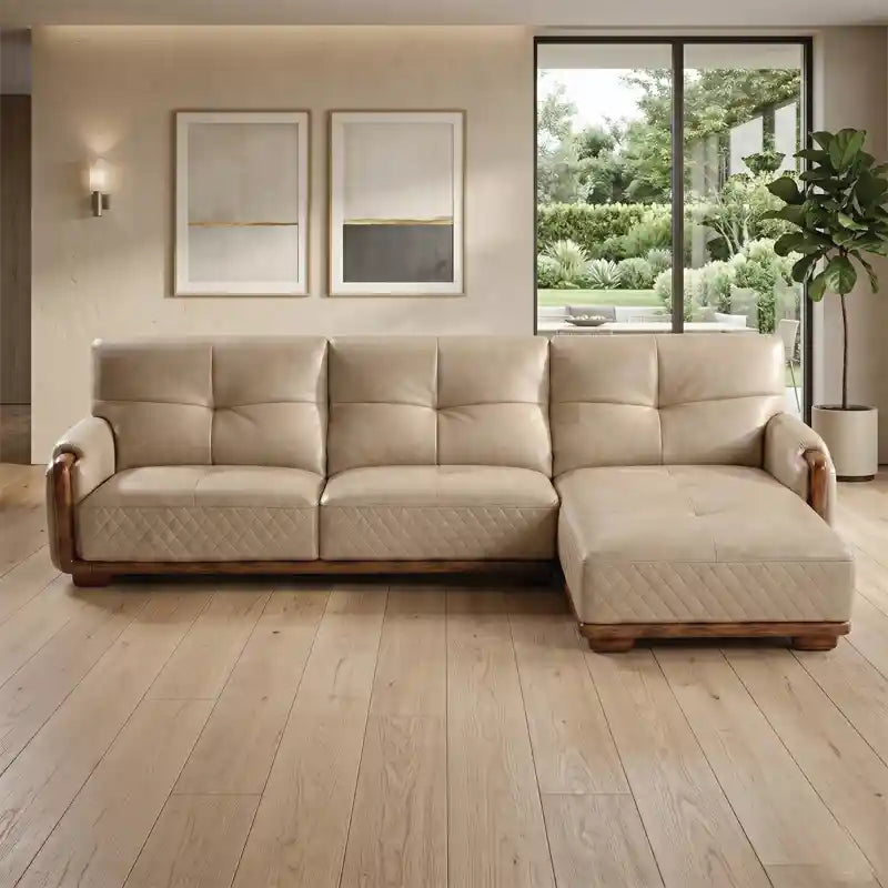 Cream panel tufted couch with wooden arms contemporary sofa design stylish sofa design l shape leatherette