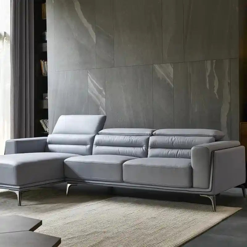  Chrome legs and tufted backrest on premium sofa, pure leather couch in corner shape