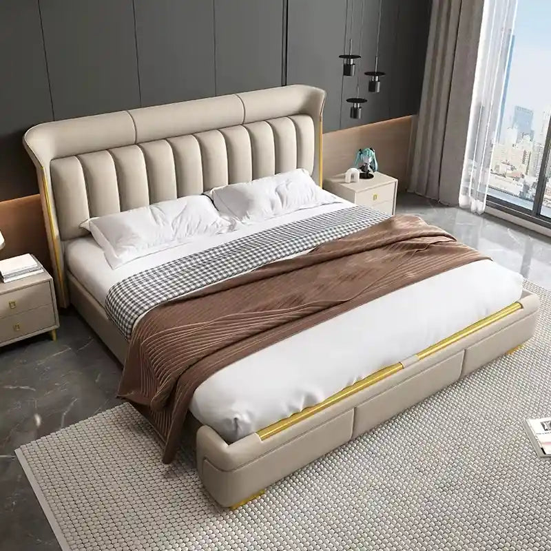 Channel tufted bed and cot new bed design taupe faux leather finish