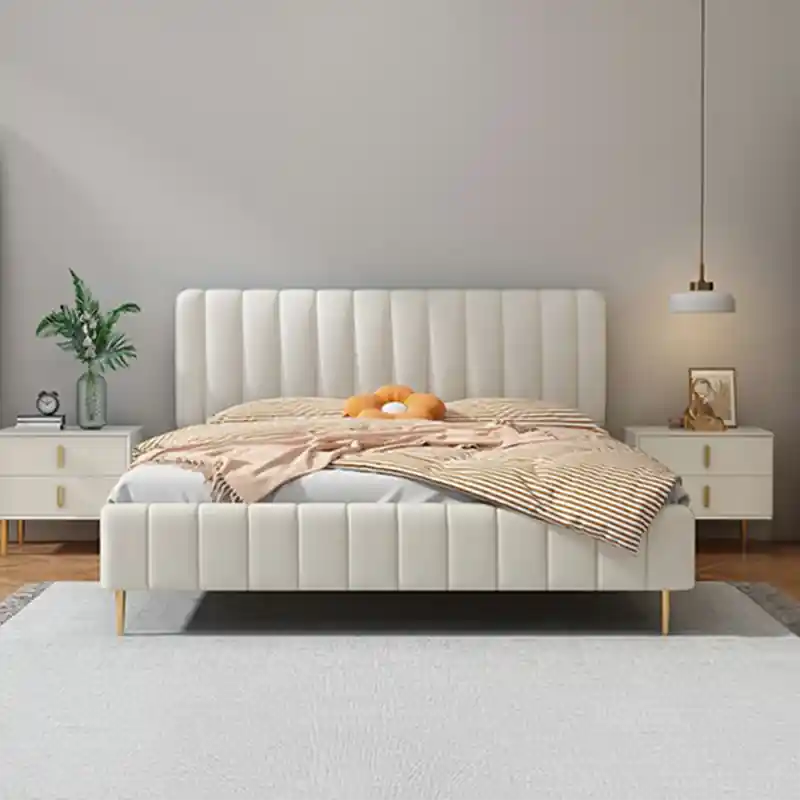 Modern style bed design upholstered cot design in cream fabric with padded headboard