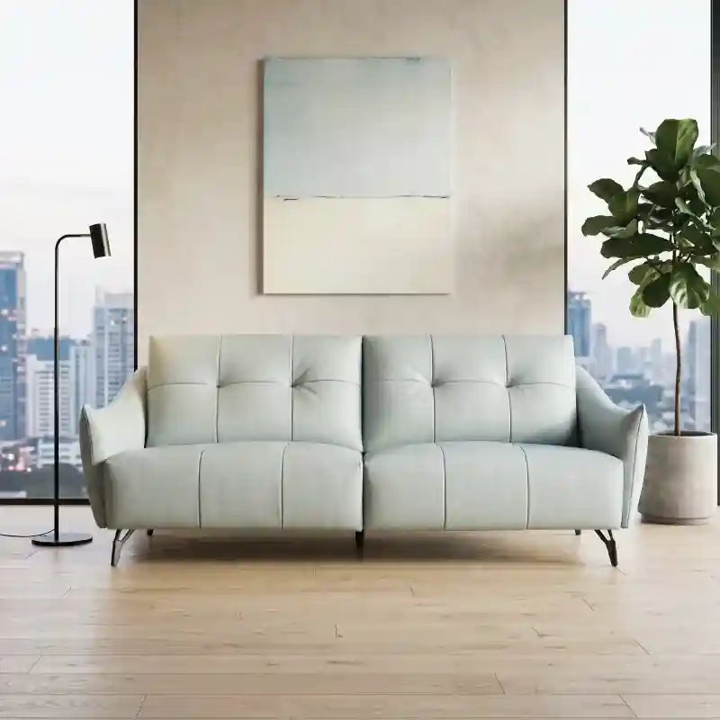 Raised black-leg 2 seater couch with modern sofa design pale aqua upholstery