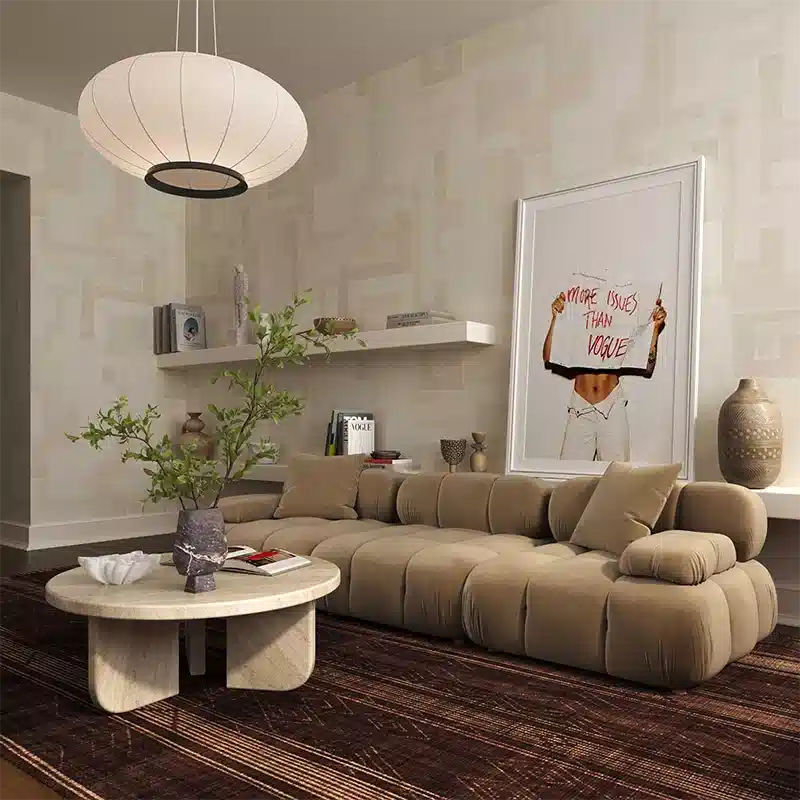 Beige velvety texture and bolster arms – modern sofa design + sofa set design + 3 seater