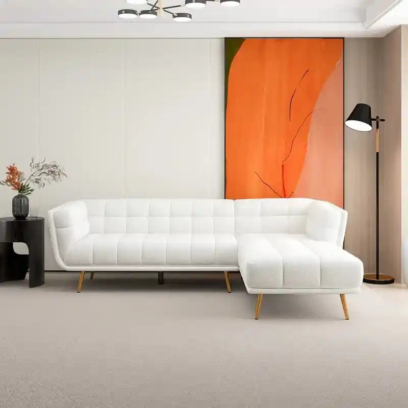 L-shaped cream tufted sofa with chaise, l shape couch premium sofa fabric upholstery