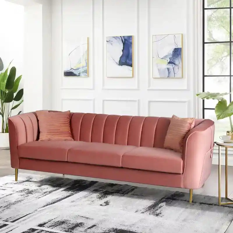 Blush pink channel tufted sofa with gold legs 2 seater sofa fabric sofa velvet