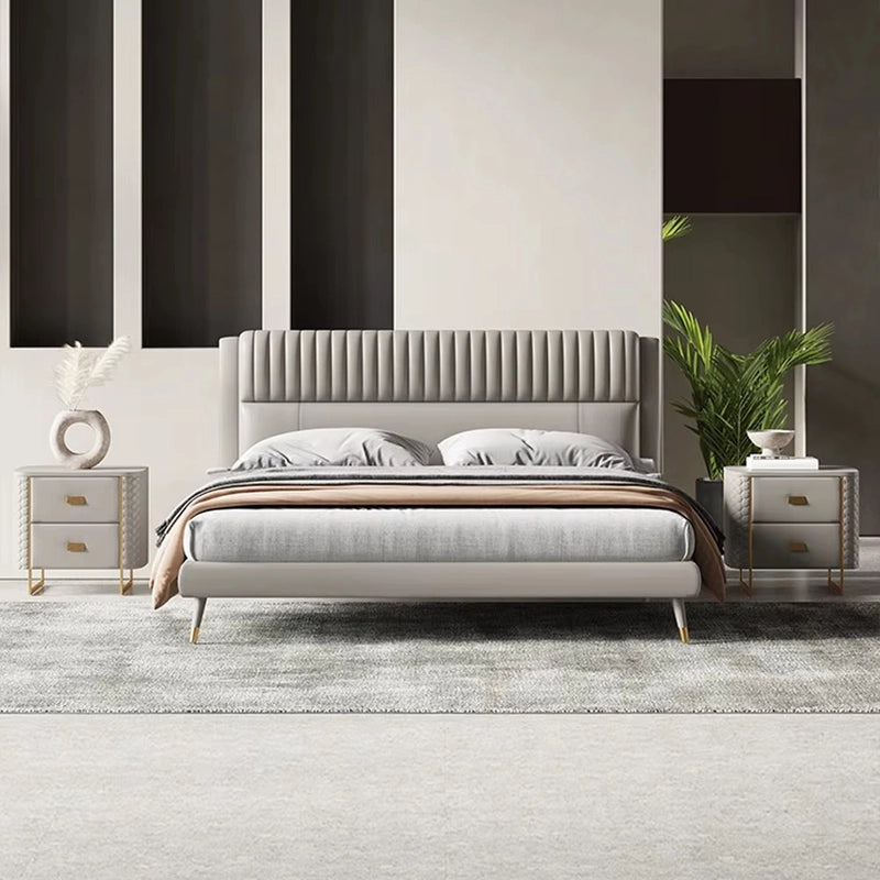 Modern cushioned bed and cot new bed design in beige fabric finish