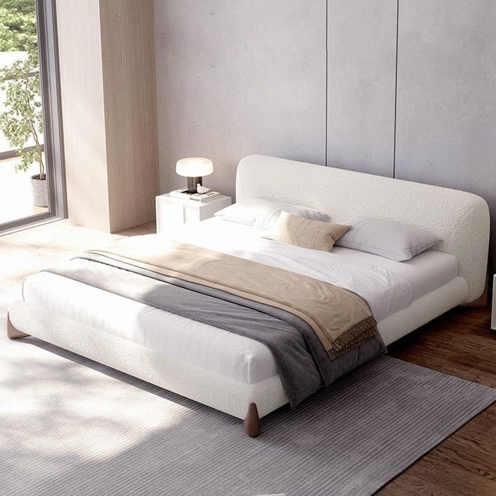 Rounded upholstered bed online modern style bed design off-white fabric frame