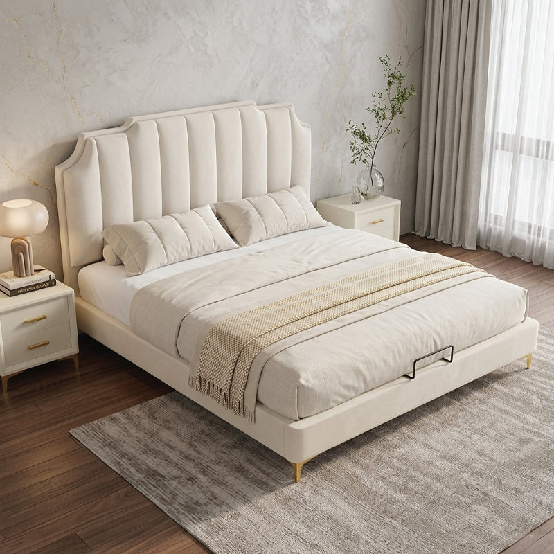 Channel tufted bed and cot master bedroom bed design off white fabric bed