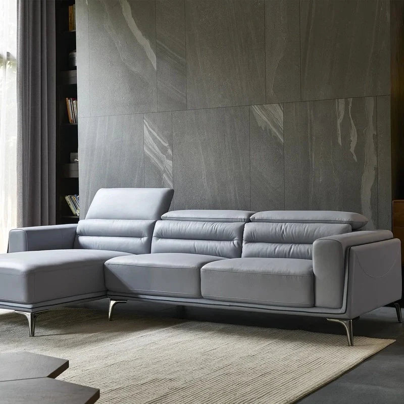  Chrome legs and tufted backrest on premium sofa, pure leather couch in corner shape