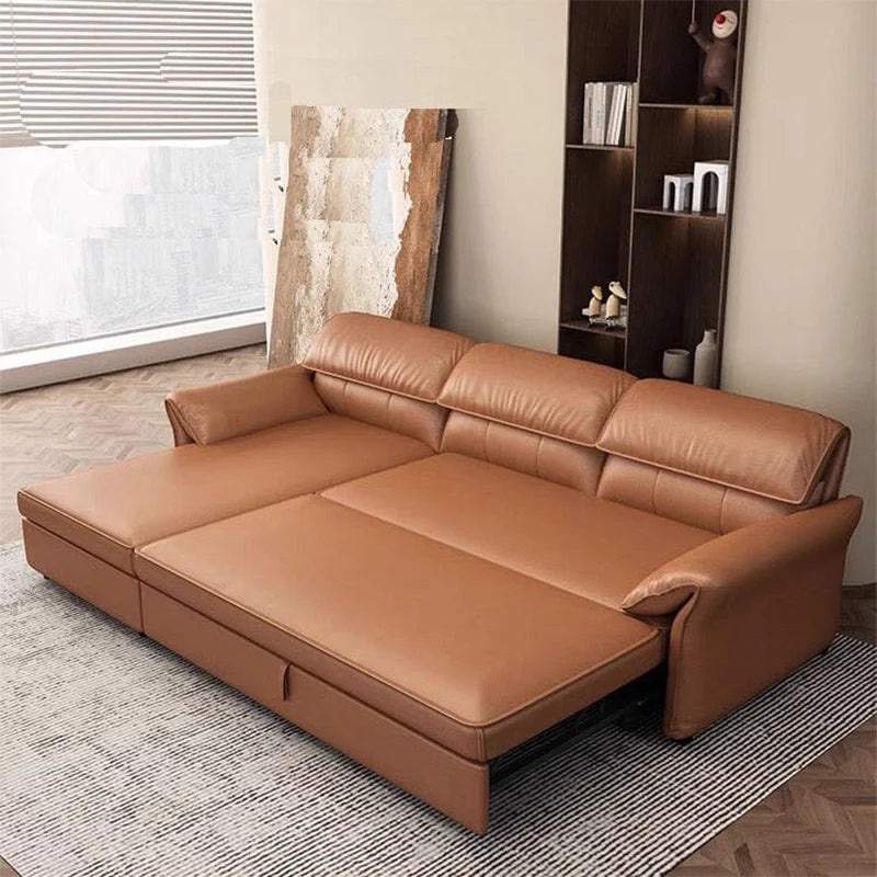 Plush pull-out couch with vertical stitch detail – convertible sofa bed – leatherette finish