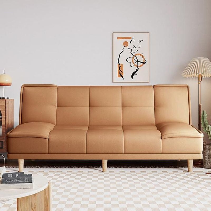 Modern cream couch sleeper with square stitching and elevated wooden base sofa bed