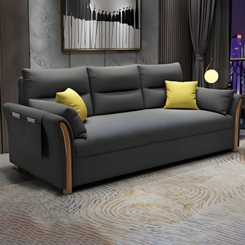 Straight-line sofa cum bed photo showing sofa bed design and sofa bed couch with wooden arm panels