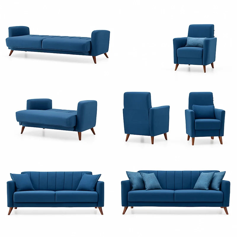 Its linear 3+2+1 layout, wrapped in plush grey velvet-like fabric, showcases a Scandinavian-modern ethos. - Blue