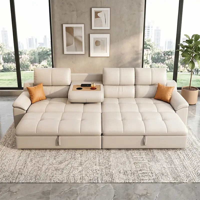Modern sofa with USB armrest and storage sofa cum bed couch sleeper rectangular beige finish
