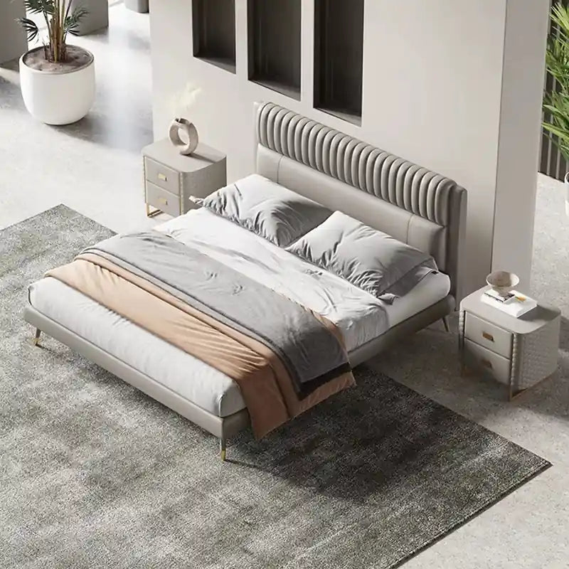 Modern cushioned bed and cot new bed design in beige fabric finish