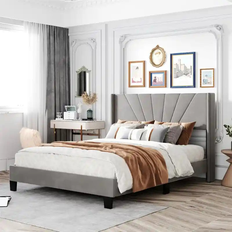 Elegant upholstered cot master bedroom bed design bed online grey velvet finish
