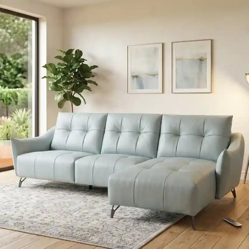 Tufted L shape chaise with 4 seater sofa smooth leather-look material