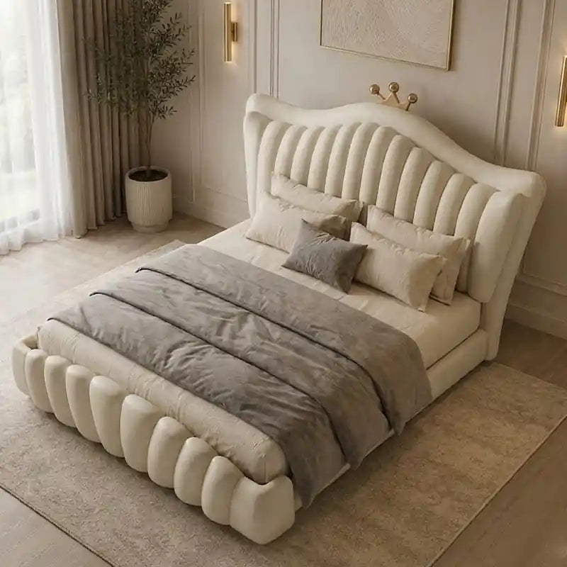 Elegant bed online cot design with vertical tufting gold metal legs and soft fabric