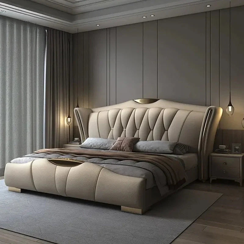 Gold-finished short block legs, cot design, modern bed design, charcoal upholstered base