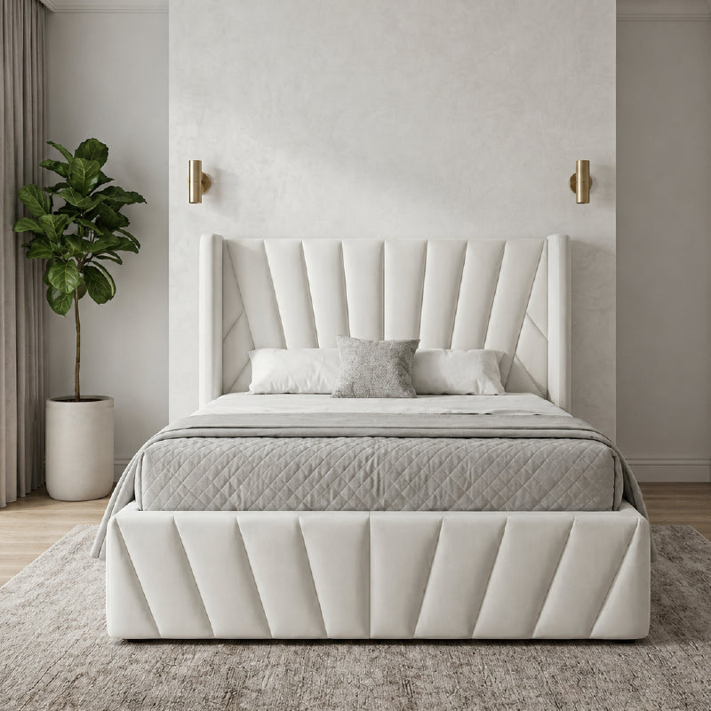 Luxury padded headboard bed online modern style bed design cream fabric