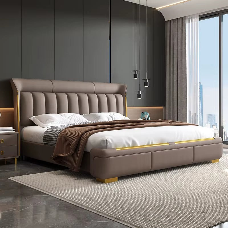 Luxury upholstered cot design bed frame with gold accents beige platform style