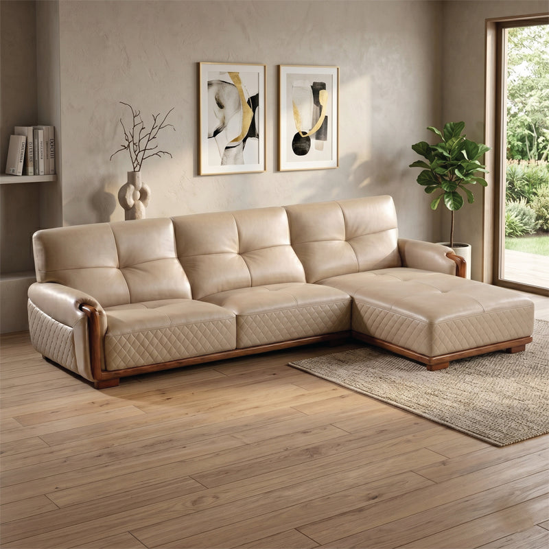 Beige tufted sofa with walnut wood frame premium sofa modern sofa design 5 seater leatherette