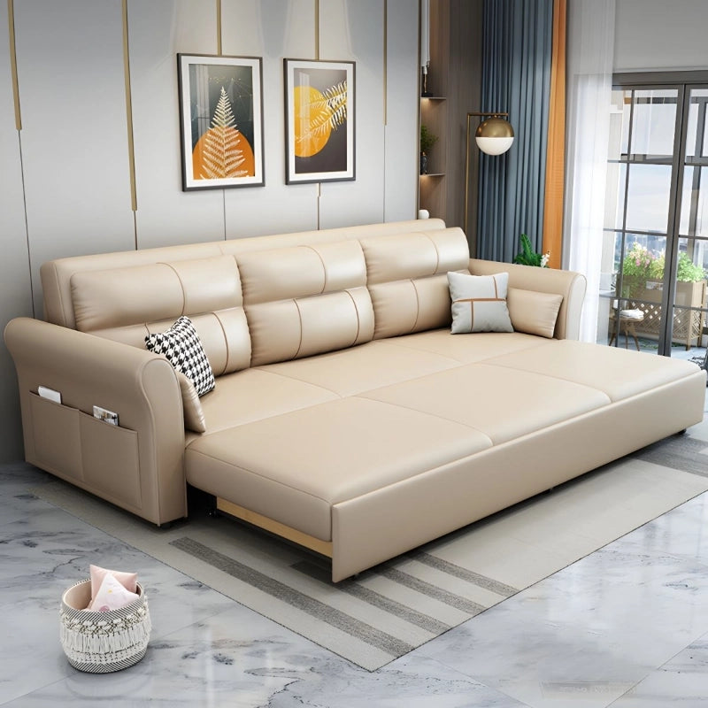 Armrest storage pocket detail on sofa cam bed, convertible sofa bed, padded wide arms