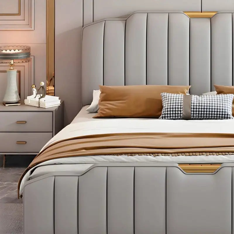 Side angle new bed design master bedroom bed design in grey upholstery