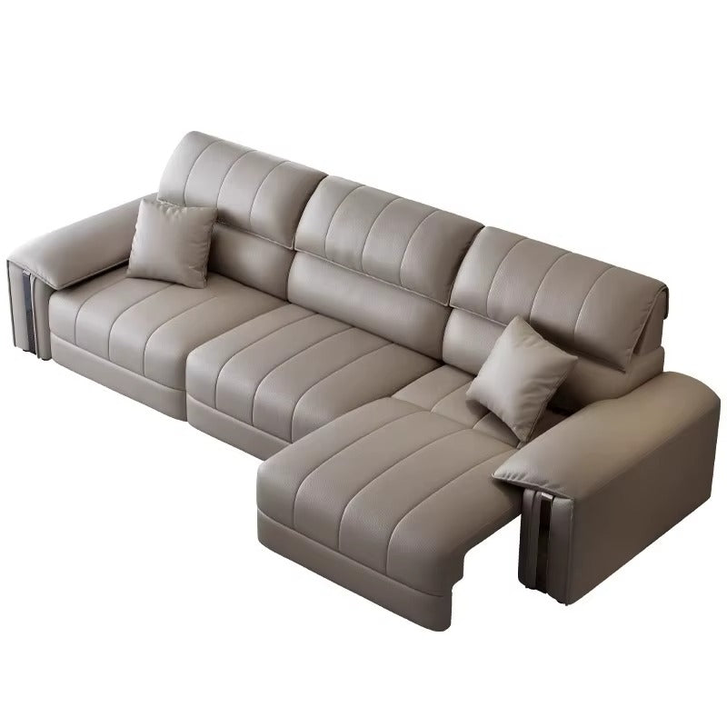 Designed with a spacious straight layout, this premium sofa bed features smooth light grey leatherette upholstery
