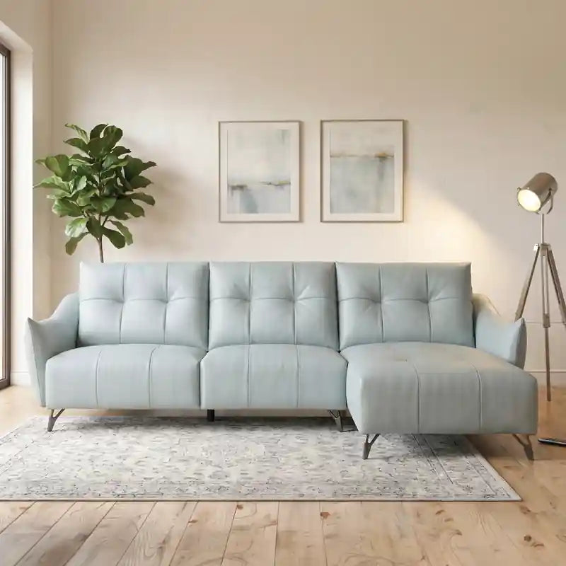 Flared-arm corner layout with l shape couch ice blue cushioned seating