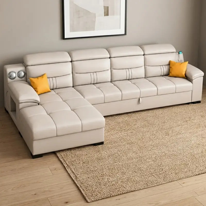 modern sectional with headrests convertible sofa bed couch sleeper L shape leatherette
