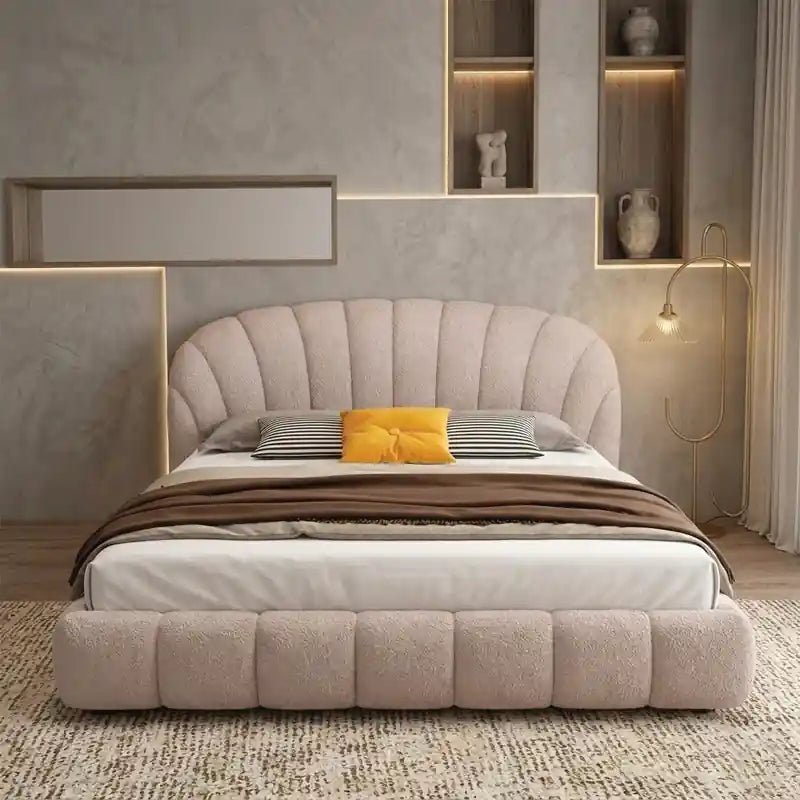 Rounded cushioned bed frame bed online blush boucle modern bed design