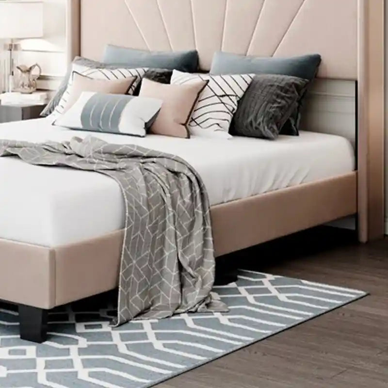 Contemporary bed and cot cot design black tapered legs beige upholstery