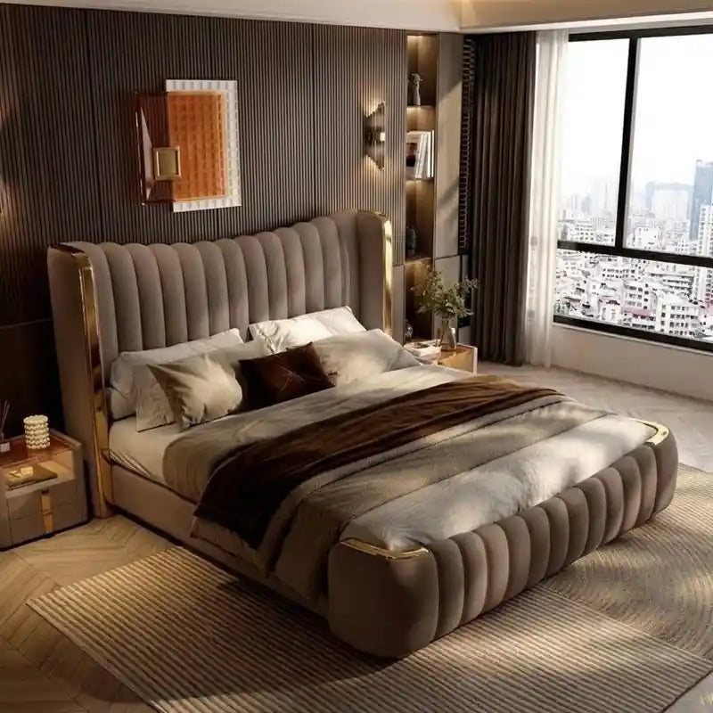 Curved edge cot design bed and cot premium suede upholstered platform bed