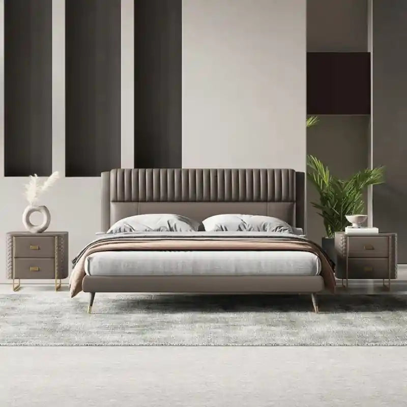 Contemporary upholstered platform bed frame modern style bed design with gold caps