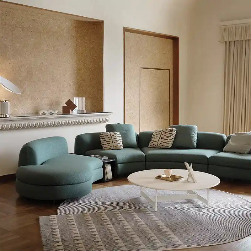 Curved teal upholstered sofa with smooth edges modern sofa design fabric sofa 4 seater sofa