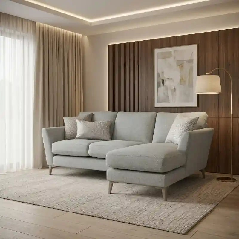  lounger sofa variant includes flared arms and medium-high fixed back cushions, while the standard lounge sofa