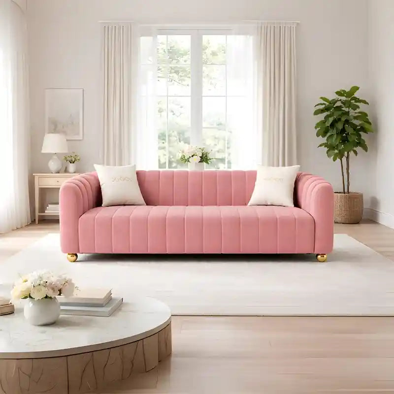Plush curved settee with vertical stitching sofa set design designed sofa set