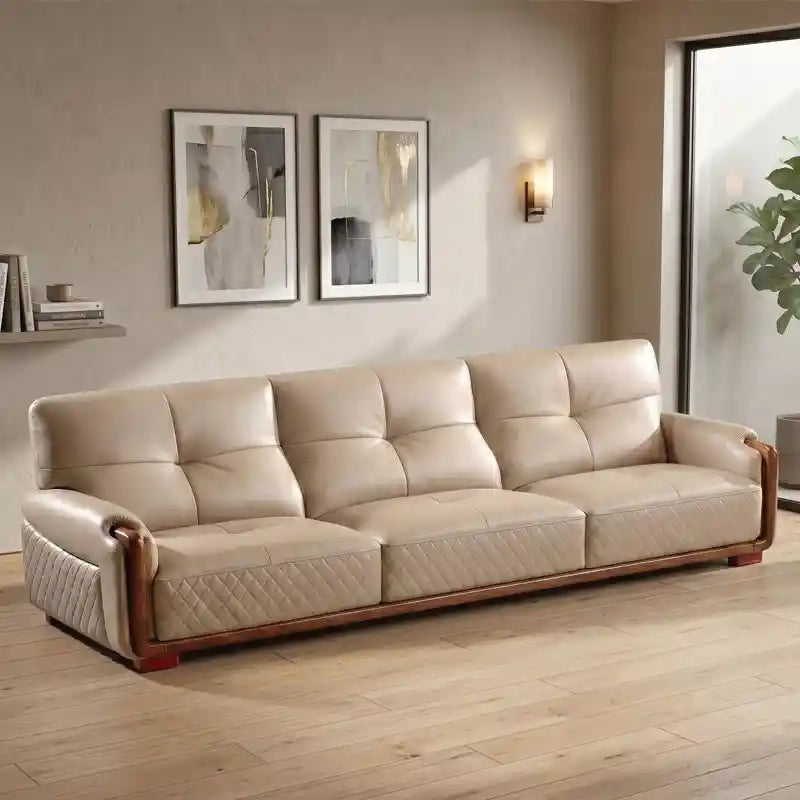 Plush beige l shape couch with wooden base l shape couch living room couch 5 seater smooth upholstery