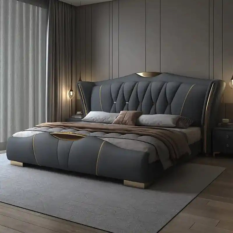 Gold-finished short block legs, cot design, modern bed design, charcoal upholstered base