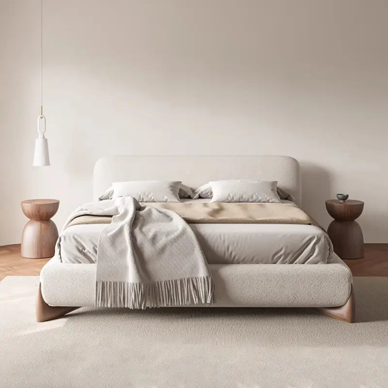 Cushioned master bedroom bed design bed frame with walnut accent legs cream fabric