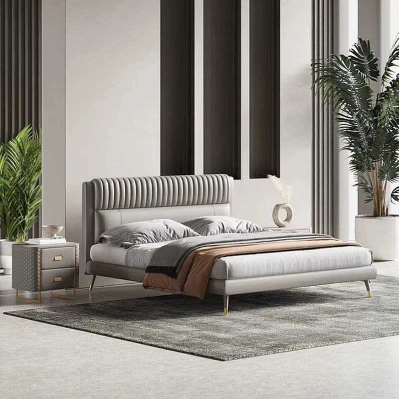 Beige upholstered channel headboard bed frame modern bed design with gold legs
