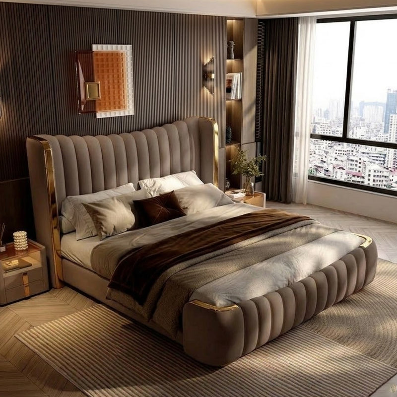 Curved edge cot design bed and cot premium suede upholstered platform bed