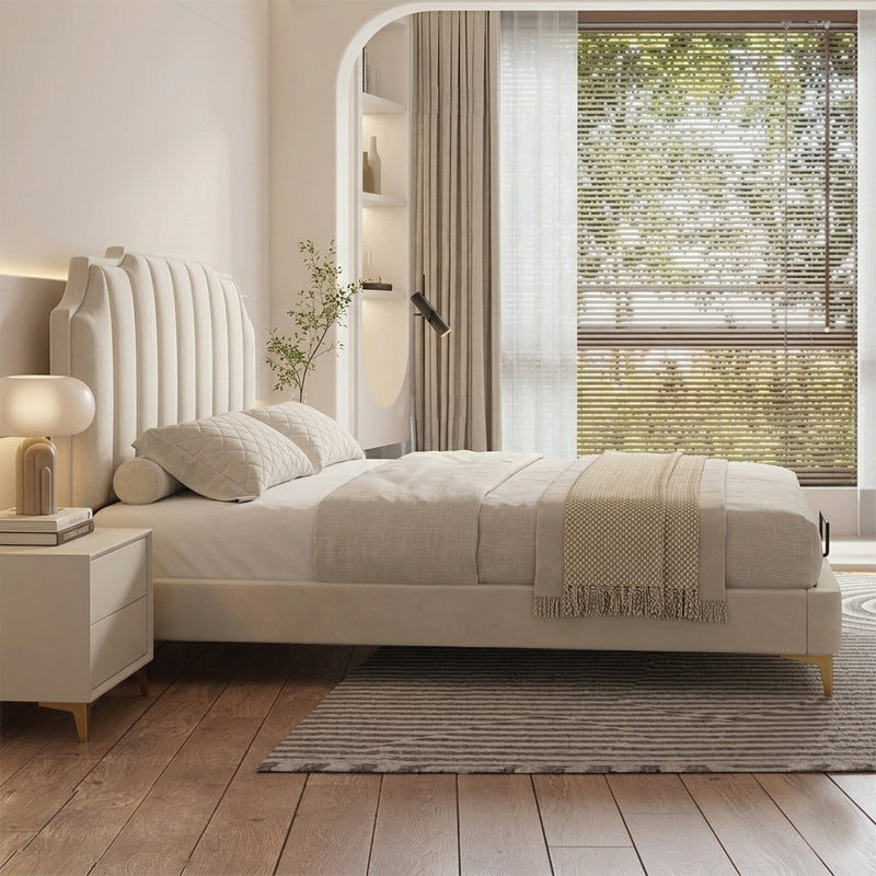 Modern style bed design bed frame soft padded headboard cream fabric finish