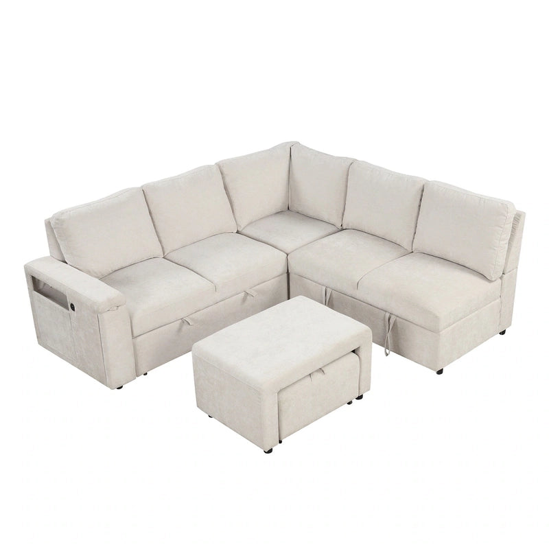 Contemporary sofa bed photo with USB armrest, l shape sofa cum bed couch sleeper, modern fabric