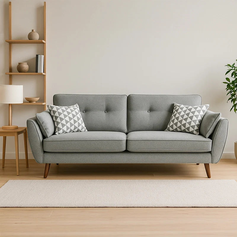  Grey fabric couch with walnut legs and piped edges – modern sofa design, l shape couch